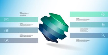 3D çizim Infographic şablonu. Yuvarlak sekizgen altı renk bölümlerine ayrılmıştır. Mavi beyaz zemin üzerine düzenlenmiş çarpık nesnesidir. Renk çubukları basit işaretler ile yan yana olan.