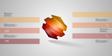 3D çizim Infographic şablonu. Yuvarlak sekizgen altı renk bölümlerine ayrılmıştır. Gri beyaz zemin üzerine düzenlenmiş çarpık nesnesidir. Renk çubukları basit işaretler ile yan yana olan.