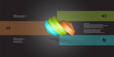 3D çizim Infographic şablonu. Yuvarlak sekizgen üç renk bölümlerine ayrılmıştır. Gri siyah arka plan üzerine düzenlenmiş çarpık nesnesidir. Renk çubukları basit işaretler ile yan yana olan.