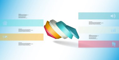 3D çizim Infographic şablonu. Yuvarlak sekizgen beş renk bölümlerine ayrılmıştır. Mavi beyaz zemin üzerine düzenlenmiş çarpık nesnesidir. Renk çubukları basit işaretler ile yan yana olan.
