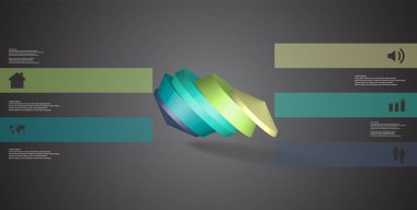 3D çizim Infographic şablonu. Yuvarlak sekizgen beş renk bölümlerine ayrılmıştır. Gri siyah arka plan üzerine düzenlenmiş çarpık nesnesidir. Renk çubukları basit işaretler ile yan yana olan.