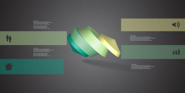 3D çizim Infographic şablonu. Yuvarlak sekizgen dört renk bölümlerine ayrılmıştır. Gri siyah arka plan üzerine düzenlenmiş çarpık nesnesidir. Renk çubukları basit işaretler ile yan yana olan.