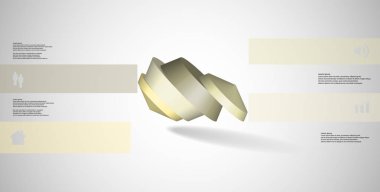 3D çizim Infographic şablonu. Yuvarlak sekizgen dört renk bölümlerine ayrılmıştır. Gri beyaz zemin üzerine düzenlenmiş çarpık nesnesidir. Renk çubukları basit işaretler ile yan yana olan.