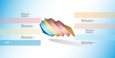 3D çizim Infographic şablonu. Yuvarlak sekizgen altı renk bölümlerine ayrılmıştır. Mavi beyaz zemin üzerine düzenlenmiş çarpık nesnesidir. Renk çubukları basit işaretler ile yan yana olan.