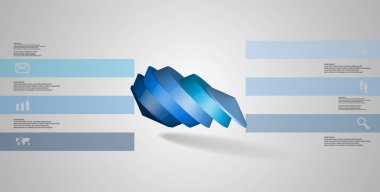3D çizim Infographic şablonu. Yuvarlak sekizgen altı renk bölümlerine ayrılmıştır. Gri beyaz zemin üzerine düzenlenmiş çarpık nesnesidir. Renk çubukları basit işaretler ile yan yana olan.