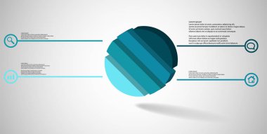 3D çizim Infographic şablonu. Kabartma halka çarpık dört renk parçalara bölünmüş olmasıdır. Nesne gri beyaz zemin üzerine düzenlenmiştir. Renk çizgilerdir daire basit işaretler ile yan yana.