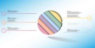 3D çizim Infographic şablonu. Kabartma halka çarpık altı renk parçalara bölünmüş olmasıdır. Nesne mavi beyaz zemin üzerine düzenlenmiştir. Renk çizgilerdir daire basit işaretler ile yan yana.