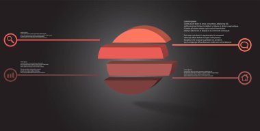 3D çizim Infographic şablonu. Kabartma halka dört renk kaymıştır bölümlerine ayrılmıştır. Nesne gri siyah arka plan üzerine düzenlenmiştir. Renk çizgilerdir daire basit işaretler ile yan yana.