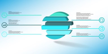 3D çizim Infographic şablonu. Kabartma halka altı renk kaymıştır bölümlerine ayrılmıştır. Nesne mavi beyaz zemin üzerine düzenlenmiştir. Renk çizgilerdir daire basit işaretler ile yan yana.