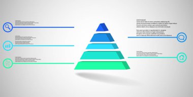 3D çizim Infographic şablonu. Kabarık üçgen beş renk bölümlerine ayrılmıştır. Nesne gri beyaz zemin üzerine düzenlenmiştir. Renk çizgilerdir daire basit işaretler ile yan yana.