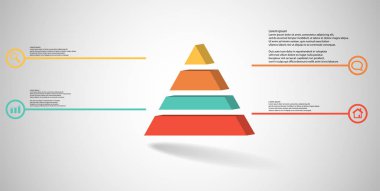 3D çizim Infographic şablonu. Kabarık üçgen dört renk bölümlerine ayrılmıştır. Nesne gri beyaz zemin üzerine düzenlenmiştir. Renk çizgilerdir daire basit işaretler ile yan yana.