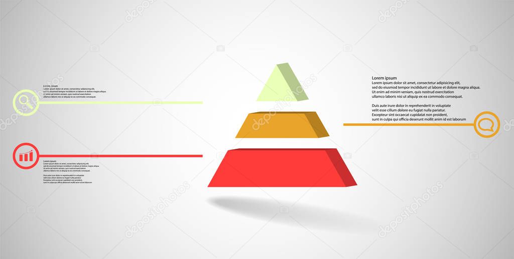 3D illustration infographic template. The embossed triangle is divided to three color parts. Object is arranged on grey white background. Color lines with simple signs in circles are on sides.