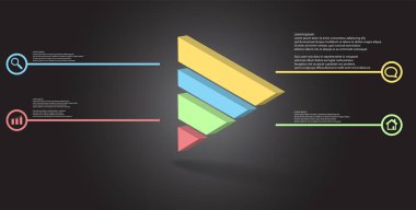 3D çizim Infographic şablonu. Kabarık üçgen dört renk bölümlerine ayrılmıştır. Gri siyah arka plan üzerine düzenlenmiş çarpık nesnesidir. Renk çizgilerdir daire basit işaretler ile yan yana.