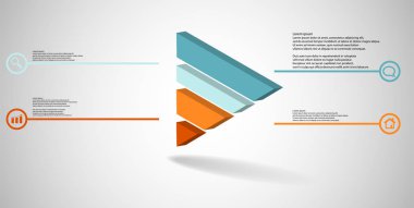 3D çizim Infographic şablonu. Kabarık üçgen dört renk bölümlerine ayrılmıştır. Gri beyaz zemin üzerine düzenlenmiş çarpık nesnesidir. Renk çizgilerdir daire basit işaretler ile yan yana.