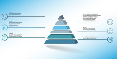 3D çizim Infographic şablonu. Kabarık üçgen altı renk bölümlerine ayrılmıştır. Nesne mavi beyaz zemin üzerine düzenlenmiştir. Renk çizgilerdir daire basit işaretler ile yan yana.