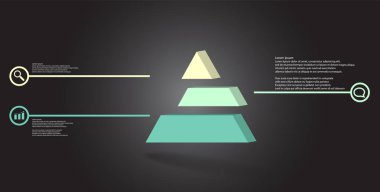3D çizim Infographic şablonu. Kabarık üçgen üç renk kaymıştır bölümlerine ayrılmıştır. Nesne gri siyah arka plan üzerine düzenlenmiştir. Renk çizgilerdir daire basit işaretler ile yan yana.