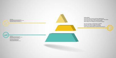 3D illustration infographic template. The embossed triangle is divided to three color shifted parts. Object is arranged on grey white background. Color lines with simple signs in circles are on sides. clipart