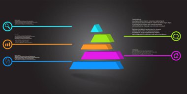 3D çizim Infographic şablonu. Kabarık üçgen beş renk kaymıştır bölümlerine ayrılmıştır. Nesne gri siyah arka plan üzerine düzenlenmiştir. Renk çizgilerdir daire basit işaretler ile yan yana.