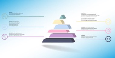 3D çizim Infographic şablonu. Kabarık üçgen altı renk kaymıştır bölümlerine ayrılmıştır. Nesne mavi beyaz zemin üzerine düzenlenmiştir. Renk çizgilerdir daire basit işaretler ile yan yana.