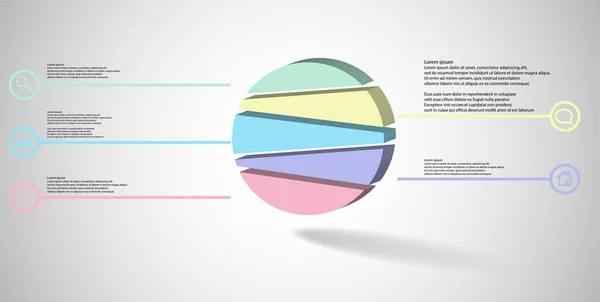 Modello infografico di illustrazione 3D con cerchio in rilievo diviso casualmente in cinque parti — Vettoriale Stock