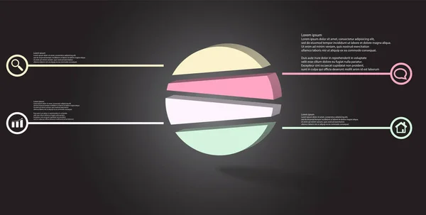 3D illustratie infographic sjabloon met reliëf cirkel willekeurig verdeeld naar vier delen — Stockvector