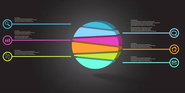 3D απεικόνιση infographic πρότυπο με ανάγλυφο κύκλος τυχαία διαιρείται σε έξι μέρη — Διανυσματικό Αρχείο