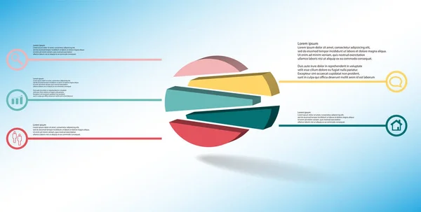 3D illustratie infographic sjabloon met reliëf cirkel willekeurig verdeeld naar vijf verschoven delen — Stockvector