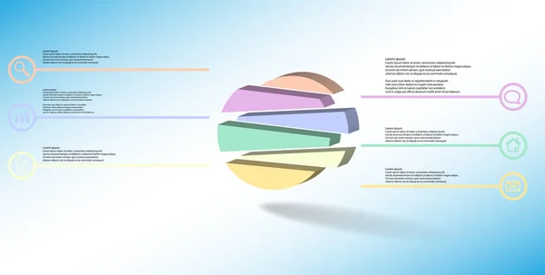 3D illustratie infographic sjabloon met reliëf cirkel willekeurig verdeeld naar zes verschoven delen — Stockvector