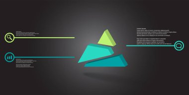 3D illüstrasyon İnfografik şablonu ile kabartmalı üçgen rasgele bölünmüş üç parçaya bölünmüştür