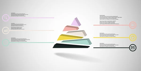 Инфографический шаблон 3D иллюстрации с тисненым треугольником, случайно разделенный на шесть смещенных частей — стоковый вектор