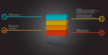 Kabartmalı küp ile üç boyutlu illüstrasyon infografik şablonu dört bölüme ayrılmıştır