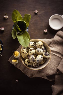 Ahşap tahta üzerinde küçük benekli bıldırcın yumurtası dolu seramik kase