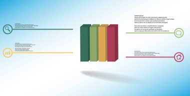Kabartmalı küp dikey dört bölüme bölünmüş 3d illüstrasyon infografik şablonu
