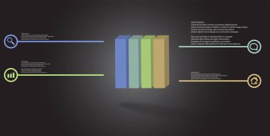 Kabartmalı küp dikey dört bölüme bölünmüş 3d illüstrasyon infografik şablonu