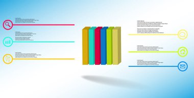 Kabartmalı küp dikey altı bölüme bölünmüş 3d illüstrasyon infografik şablonu