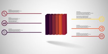 Kabartmalı küp dikey altı bölüme bölünmüş 3d illüstrasyon infografik şablonu