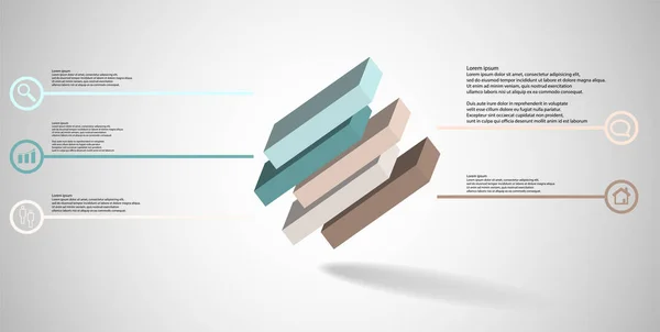 Modèle d'infographie d'illustration 3D avec cube en relief divisé en cinq parties décalées disposées en biais — Image vectorielle