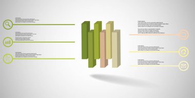 Kabartmalı küp dikey olarak altı kaydırılmış parçaya bölünmüş 3d illüstrasyon infografik şablonu