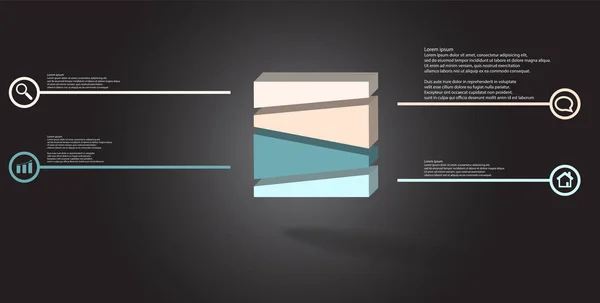 Modello infografico di illustrazione 3D con cubo goffrato diviso casualmente in quattro parti — Vettoriale Stock