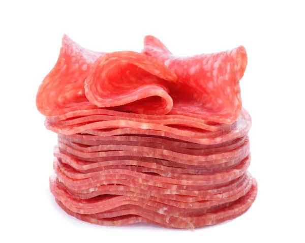 Salami slice i stacken slutna upp isolerade på vitt — Stockfoto