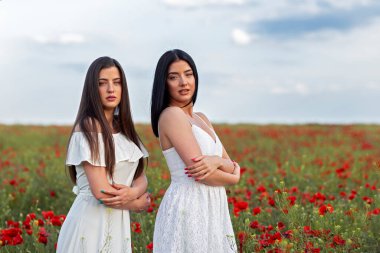 Günün sonunda, kırmızı çiçekler ve beyaz elbiseli çimlerle dolu tarlada iki genç kadın.