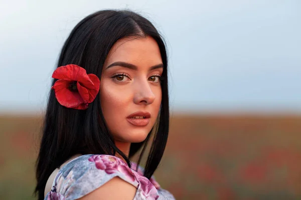 Moda Larga Mujer Pelo Negro Medio Del Campo Flores Rojas —  Fotos de Stock