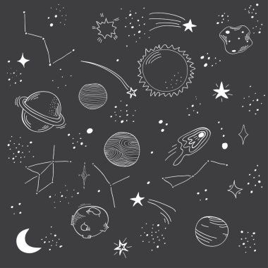 Elle çizilmiş alanı doodle desen. Gezegen, yıldız, Güneş, asteroit, kuyruklu yıldız ve ay.
