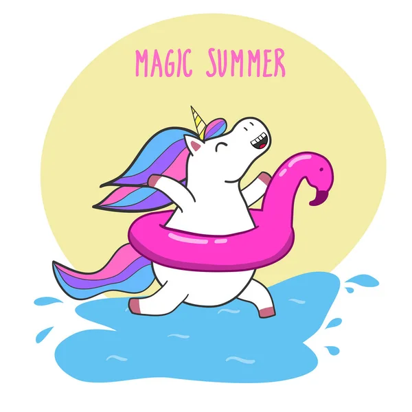 Funny cartoon unicorn runs to the ocean and an inscription magic summer