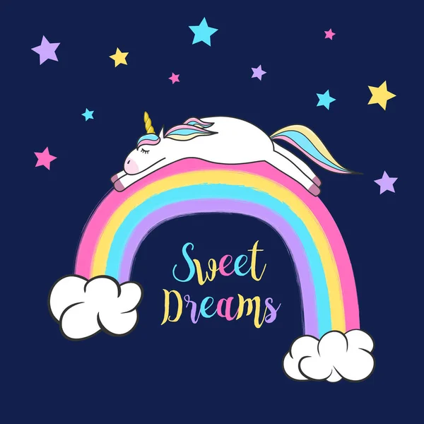 Unicorn Lucu Tidur Pelangi Latar Belakang Gelap Ilustrasi Vektor Gambar - Stok Vektor