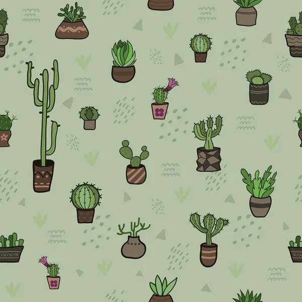 Ręcznie Rysowane Kaktus Soczyste Rośliny Doniczkach Ogrodowych Bezszwowy Wzór Ilustracja — Wektor stockowy