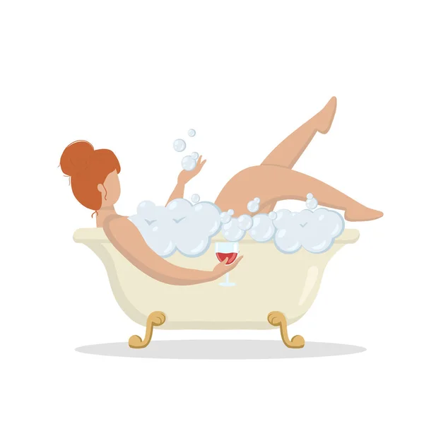 バブルと一緒にお風呂に入る女性 リラックスした ワインを飲む — ストックベクタ