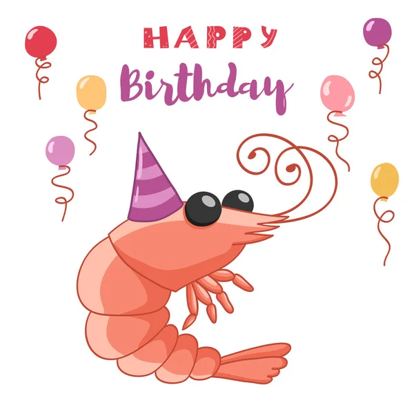 Feliz Cumpleaños Tarjeta Felicitación Con Camarones Ilustración Vectorial Dibujada Mano — Vector de stock