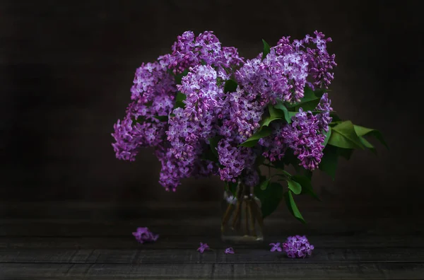 Still Life Lilac Bouquet Table Dark Background Selective Focus — Stock Photo, Image