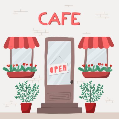 Açık tabelalı geleneksel kafe cephesi. 